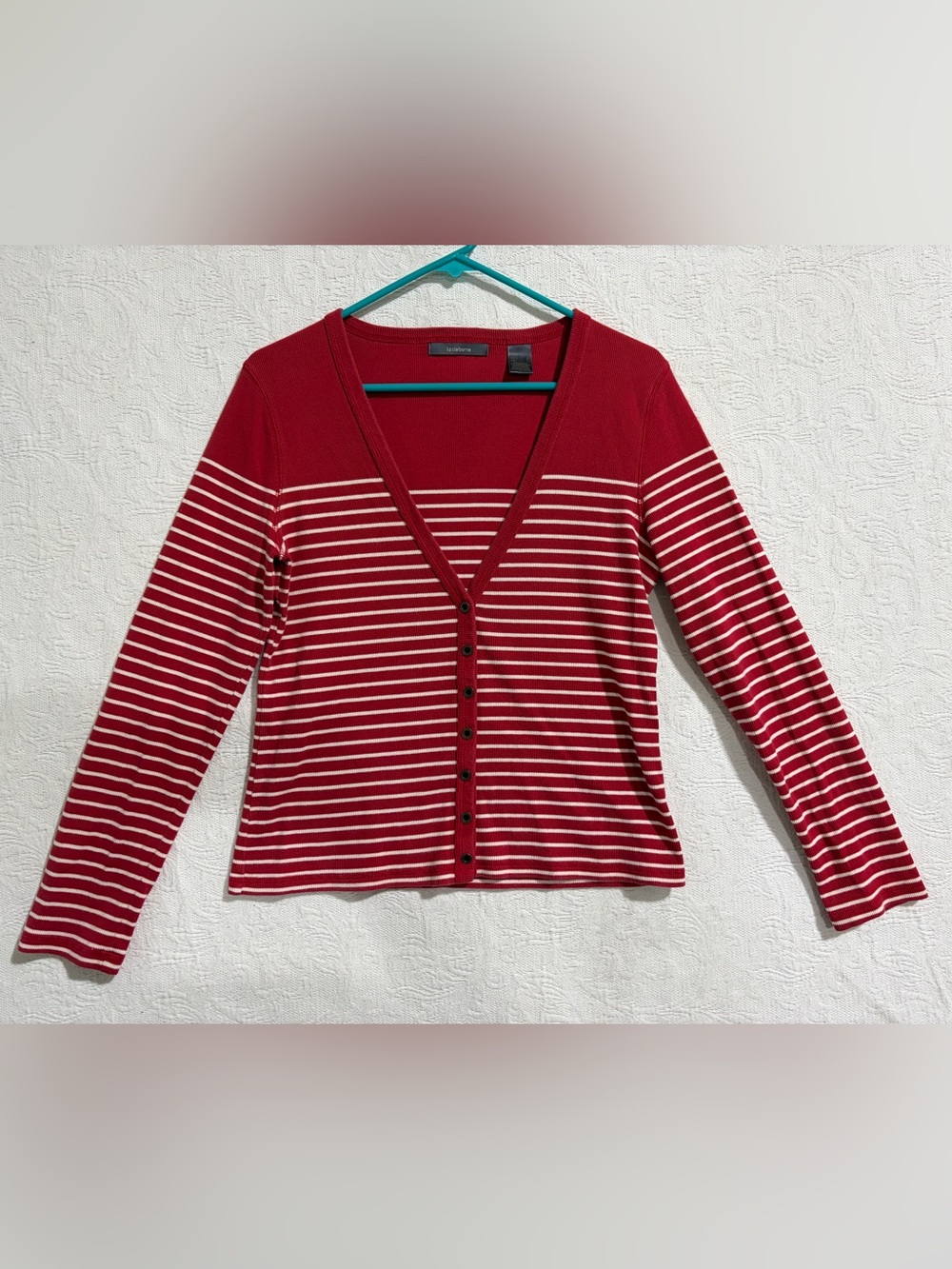 Liz Claiborne Red and White Striped V-Neck Button Cardigan